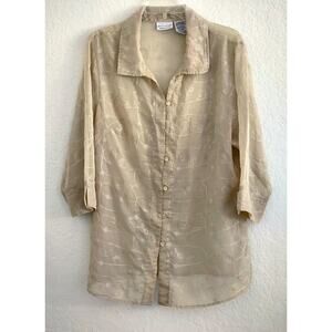 Top/Blouse-White Stag-Tan-Sheer-Button Up-Embroidery-3/4 Sleeves-Size Plus 16 W